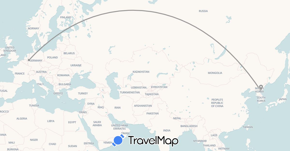 TravelMap itinerary: driving, plane in Germany, North Korea (Asia, Europe)